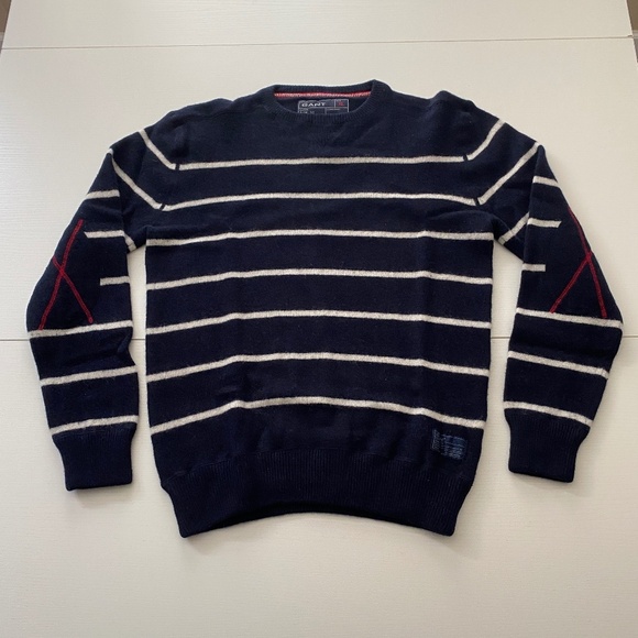 GANT Crew Neck Lambswool Navy Striped Sweater Padded Elbows Sz Large - Picture 6 of 16